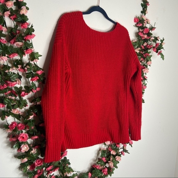A New Approach a.n.a Red V-Neck Crochet Pattern Knit Sweater Long Sleeve Medium - Picture 6 of 7
